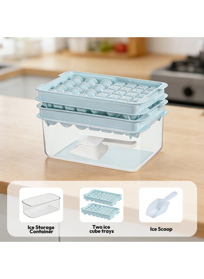 أرابايت صينية مكعبات ثلج مع غطاء وصندوق للفريزر، قوالب مكعبات ثلج دائرية ومربعة للفريزر، صينية ثلج مع حاوية صينية مكعبات ثلج لصنع 64 قطعة من مكعبات الثلج الكروية لتبريد الكوكتيلات والويسكي والشاي والقهوة مع ملعقة - Image 2